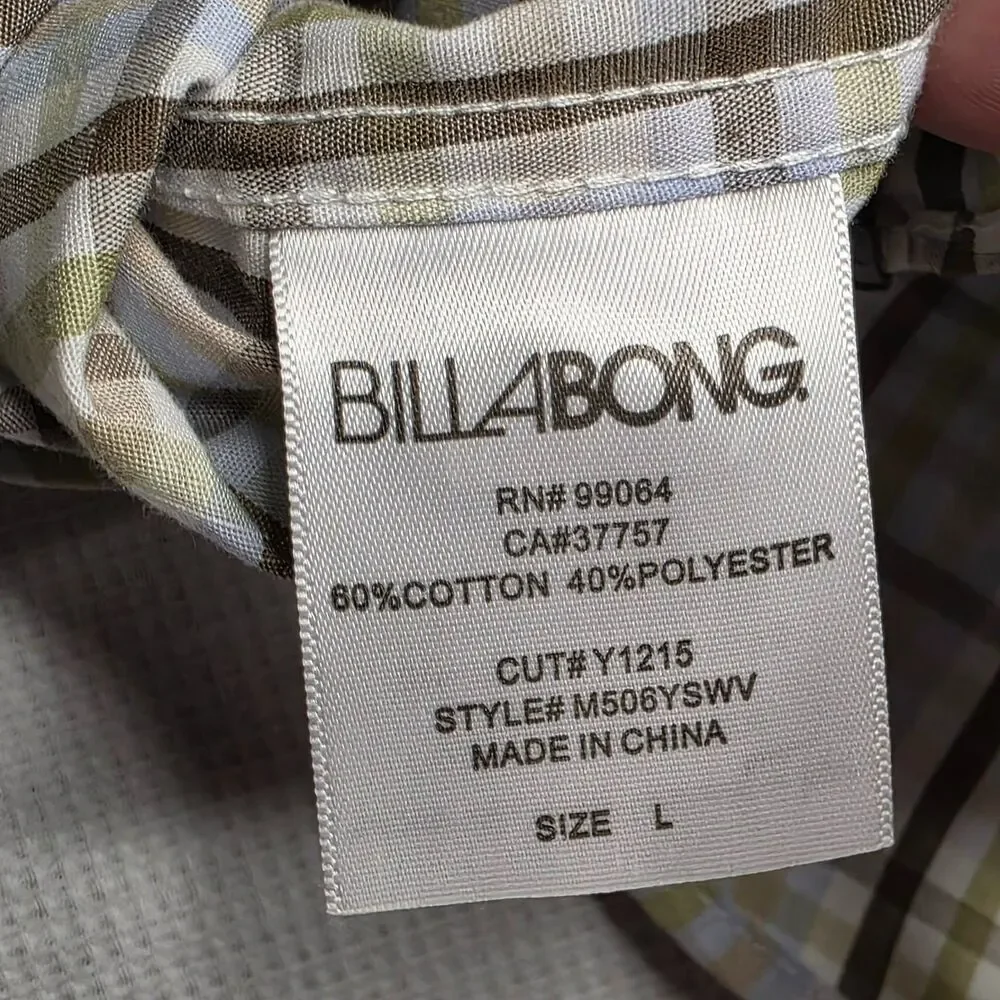 Billabong Men’s M White Olive Green Brown Blue Plaid Shirt SS Button Down